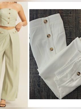 🟠NWT HYFVE 2PC Set - Strapless Button Top/Wide Leg Pants in Off-White